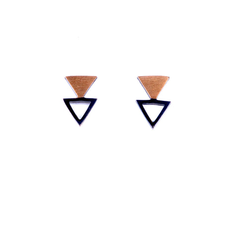 Double Triangle Studs in Oxidized Silver and Gold