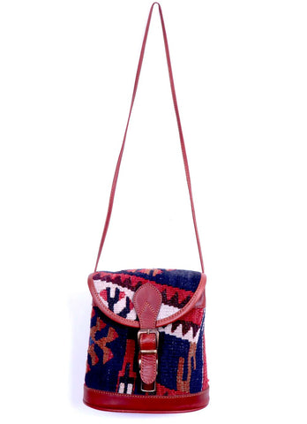 Vintage Kilim Handbag - Dark Tan Leather