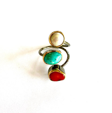 Sterling Silver Ring (Coral/Turquoise/Pearl)