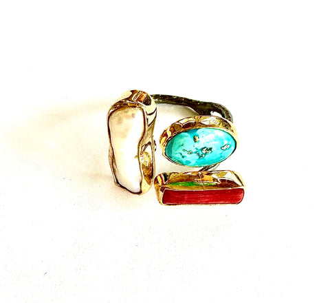 Sterling Silver Ring (Coral/Turquoise/Pearl)