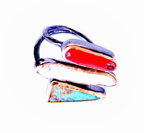Gemstone Ring - Coral, Pearl and Turquoise